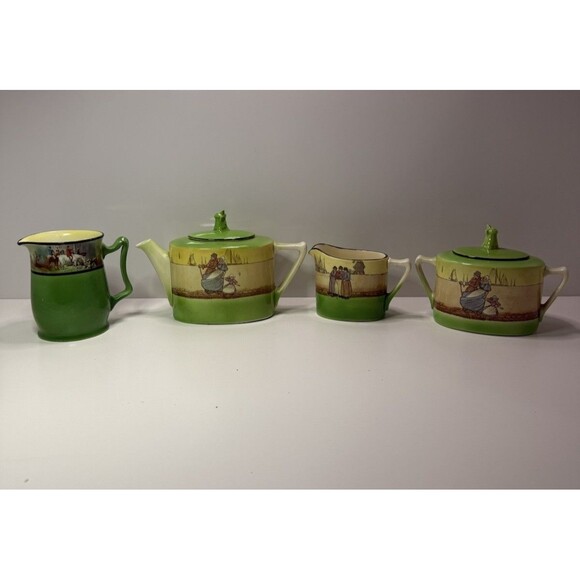 Antique Royal Doulton & Bayreuth Hand Painted Tea Set Green Yellow Rare VTG